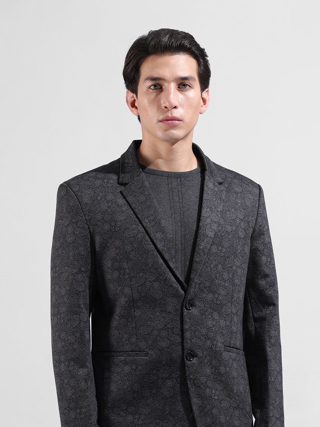Men's Black Regular Fit Printed Casual Blazer