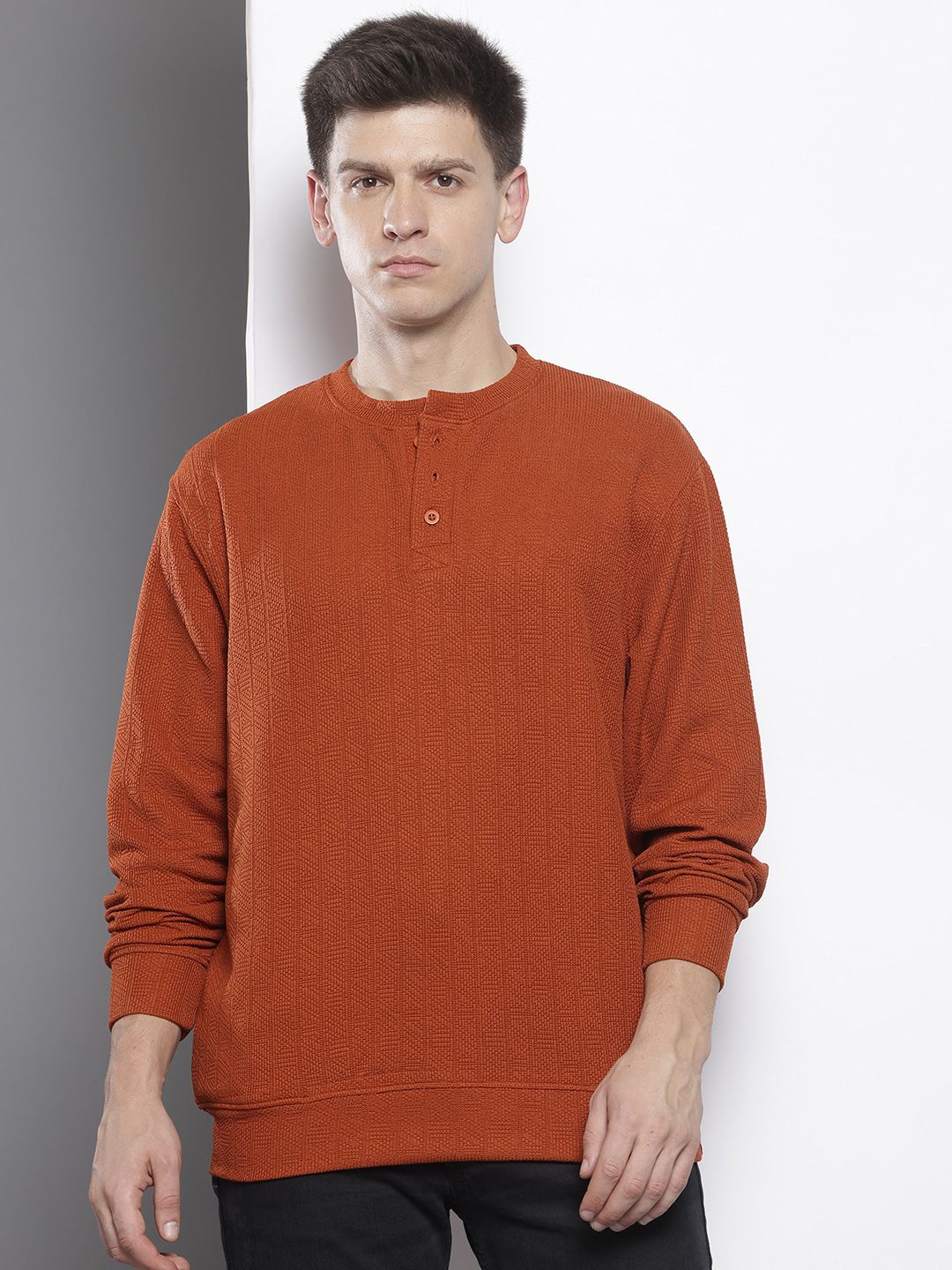 Men's Rust Relaxed Fit Textured Street Sweatshirt