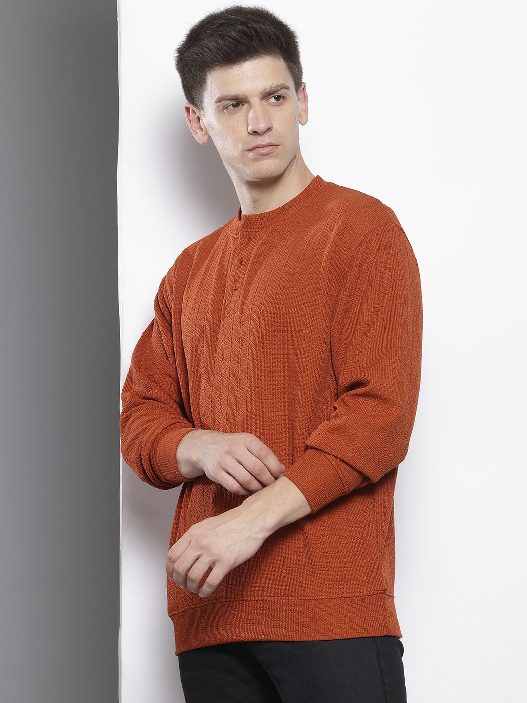 Men's Rust Relaxed Fit Textured Street Sweatshirt