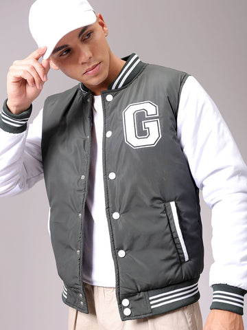 Men's Green Slim Fit Colourblocked Varsity Jacket