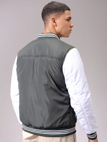 Men's Green Slim Fit Colourblocked Varsity Jacket