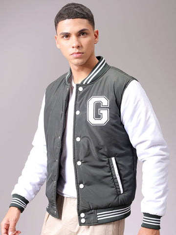 Men's Green Slim Fit Colourblocked Varsity Jacket