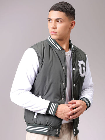 Men's Green Slim Fit Colourblocked Varsity Jacket
