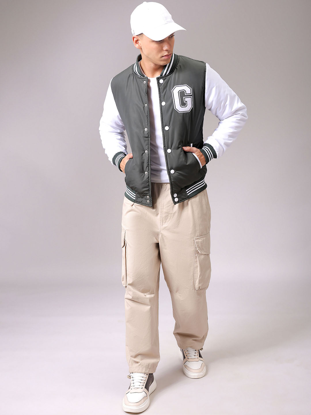 Men's Green Slim Fit Colourblocked Varsity Jacket