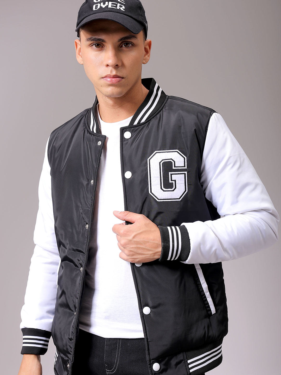 Men's Black Slim Fit Colourblocked Varsity Jacket