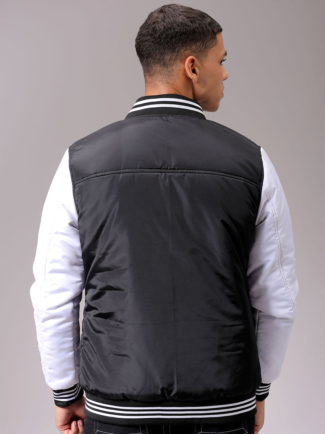 Men's Black Slim Fit Colourblocked Varsity Jacket