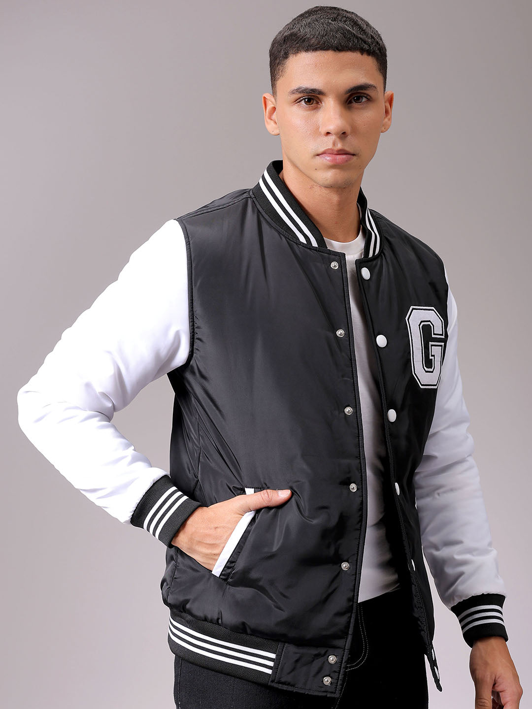 Men's Black Slim Fit Colourblocked Varsity Jacket