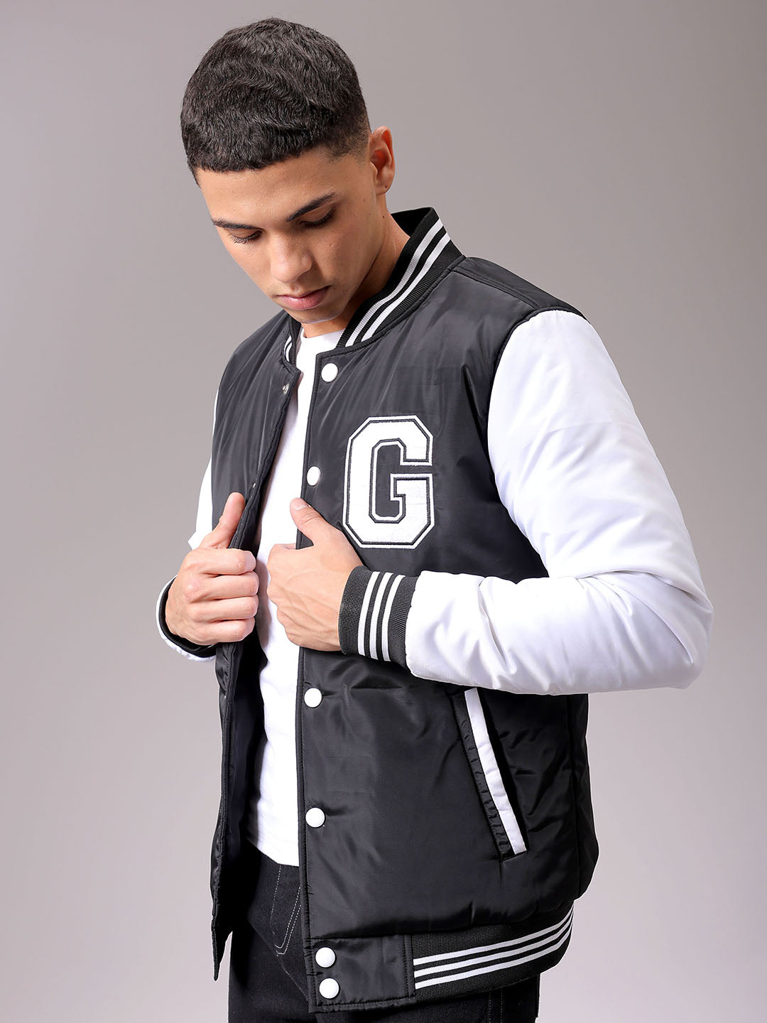 Men's Black Slim Fit Colourblocked Varsity Jacket