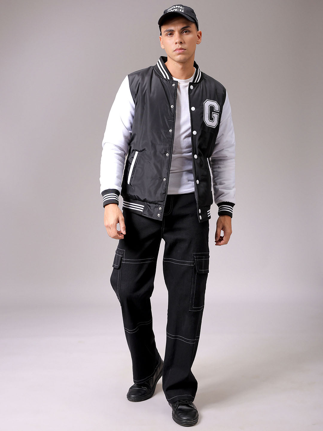 Men's Black Slim Fit Colourblocked Varsity Jacket