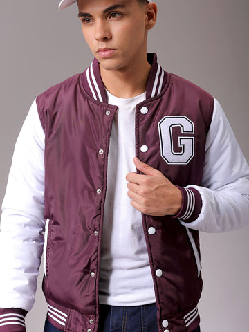 Men's Maroon Slim Fit Colourblocked Varsity Jacket