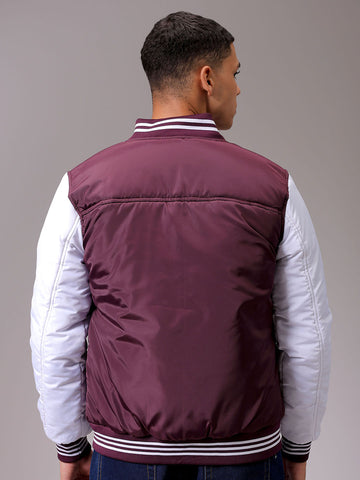 Men's Maroon Slim Fit Colourblocked Varsity Jacket