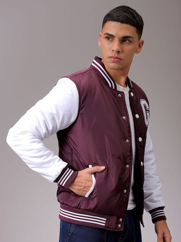Men's Maroon Slim Fit Colourblocked Varsity Jacket