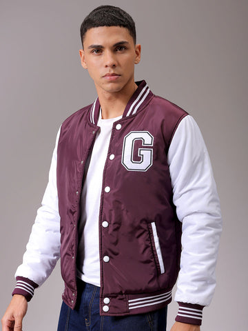Men's Maroon Slim Fit Colourblocked Varsity Jacket