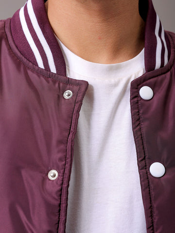 Men's Maroon Slim Fit Colourblocked Varsity Jacket