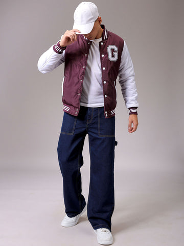 Men's Maroon Slim Fit Colourblocked Varsity Jacket