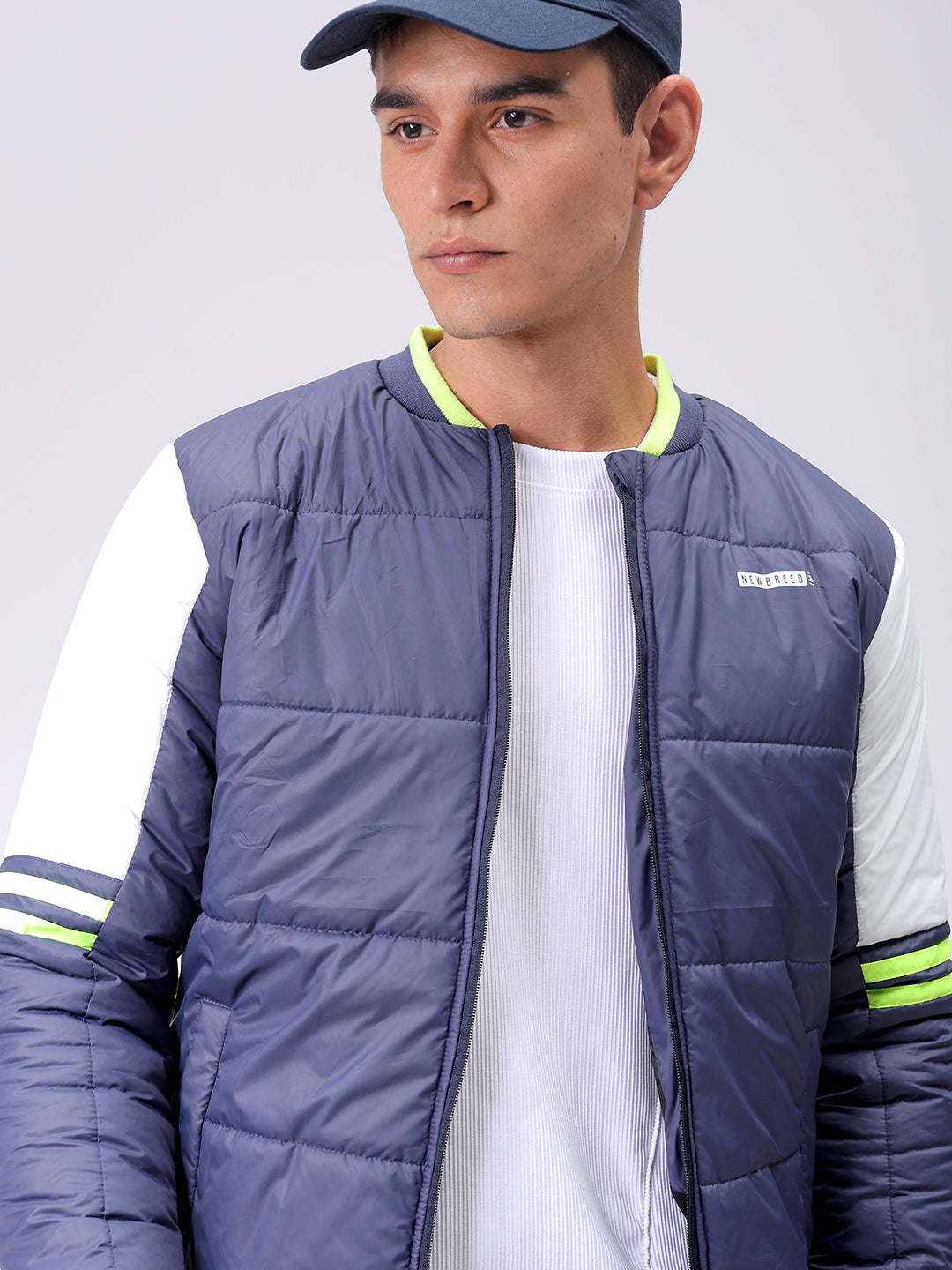 Men's Navy Blue Slim Fit Colourblocked Hooded Jacket