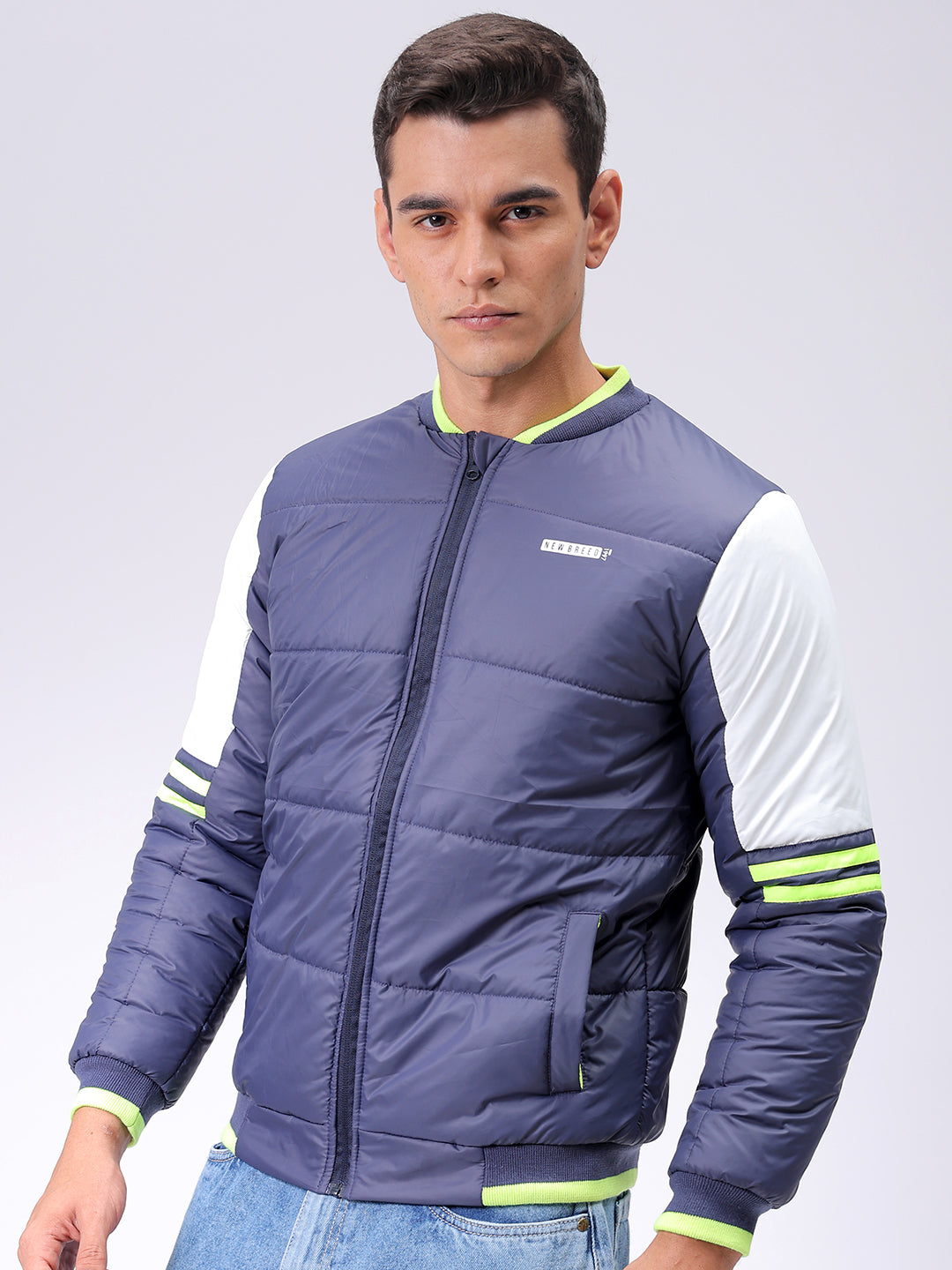 Men's Navy Blue Slim Fit Colourblocked Hooded Jacket