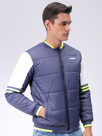 Men's Navy Blue Slim Fit Colourblocked Hooded Jacket