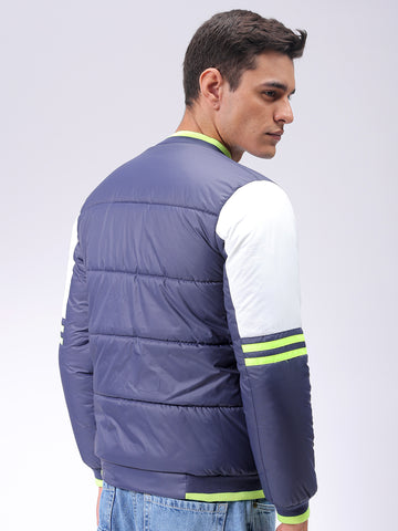 Men's Navy Blue Slim Fit Colourblocked Hooded Jacket