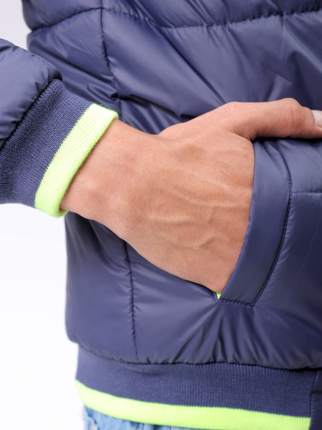 Men's Navy Blue Slim Fit Colourblocked Hooded Jacket