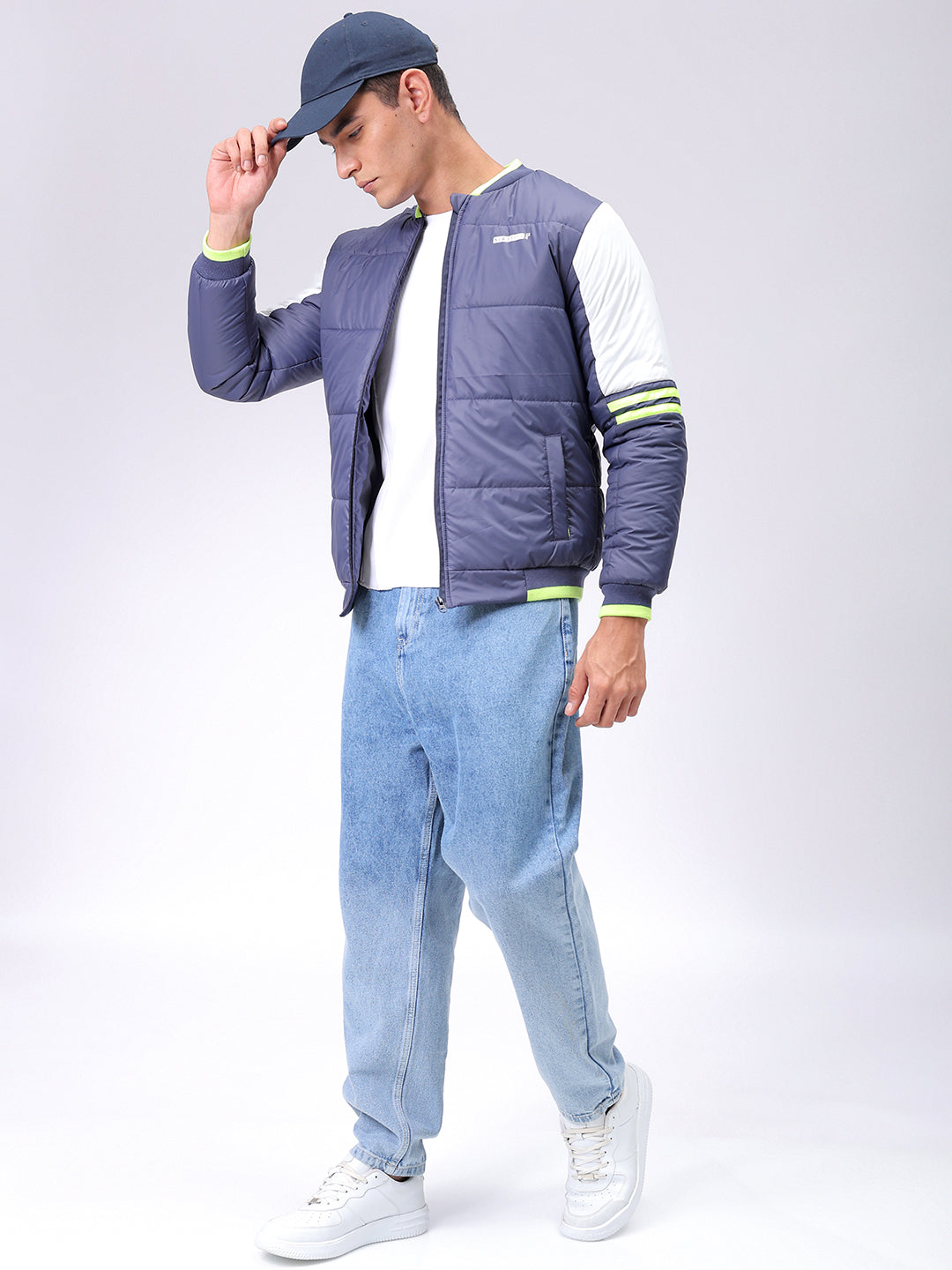 Men's Navy Blue Slim Fit Colourblocked Hooded Jacket