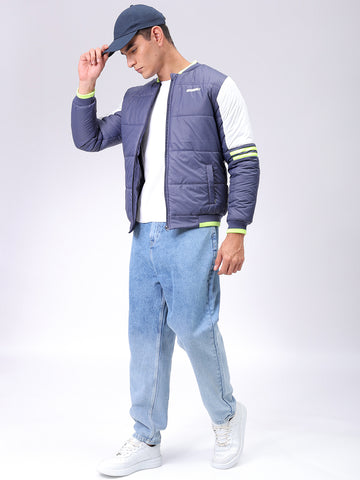 Men's Navy Blue Slim Fit Colourblocked Hooded Jacket