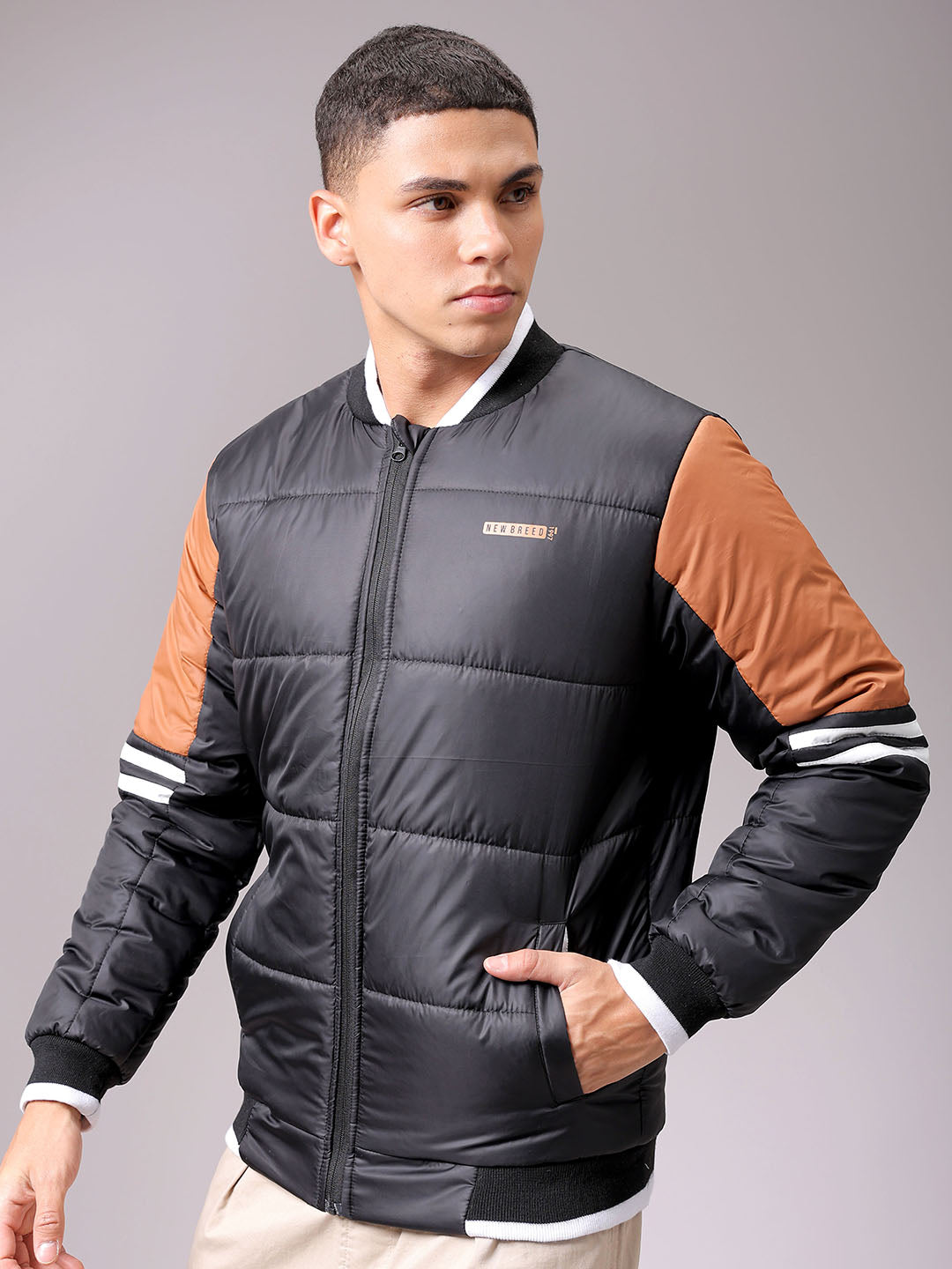 Men's Black Slim Fit Colourblocked Jacket