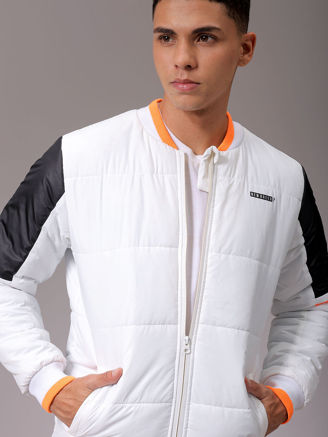 Men's White Slim Fit Colourblocked Jacket