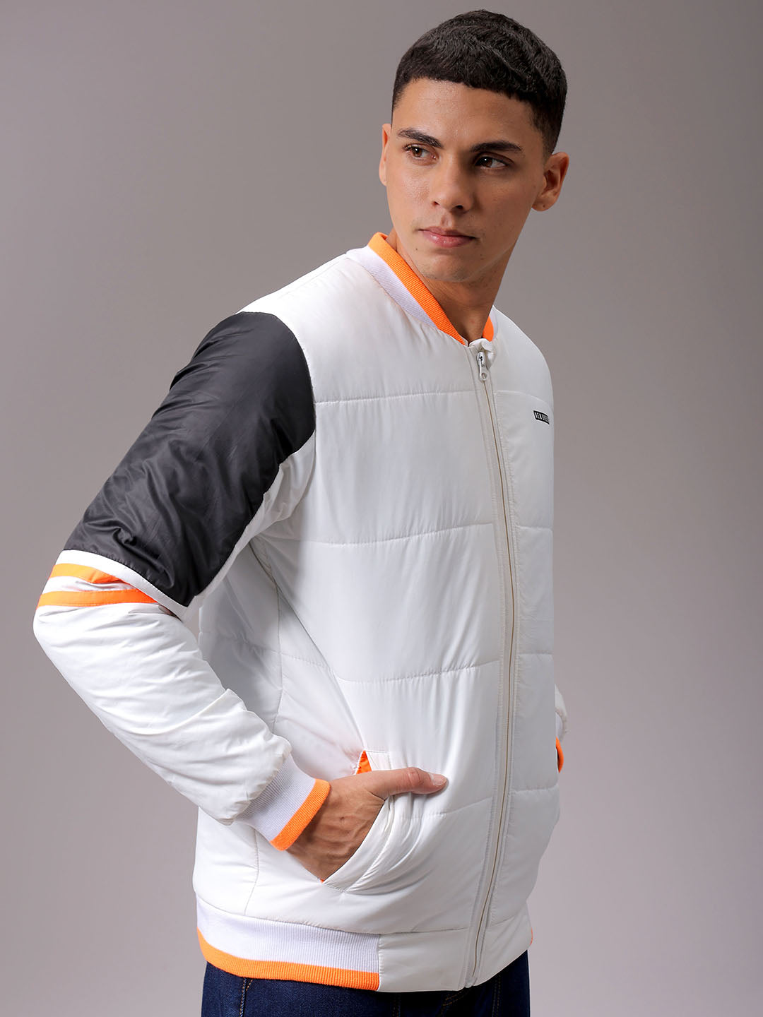 Men's White Slim Fit Colourblocked Jacket