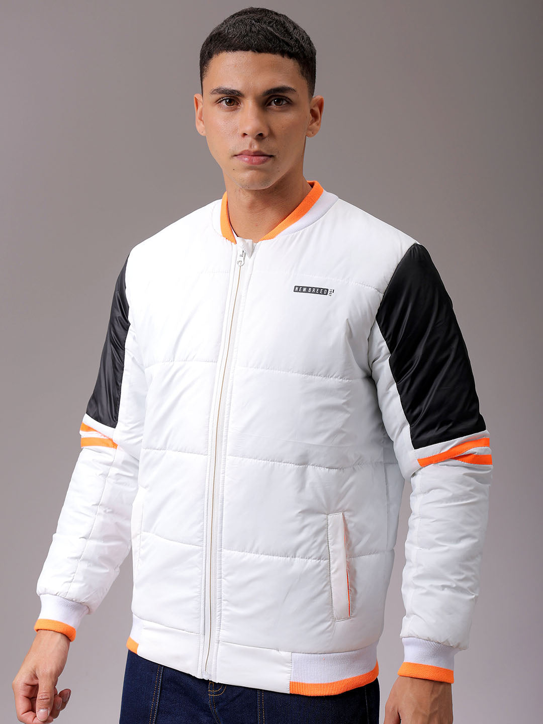 Men's White Slim Fit Colourblocked Jacket