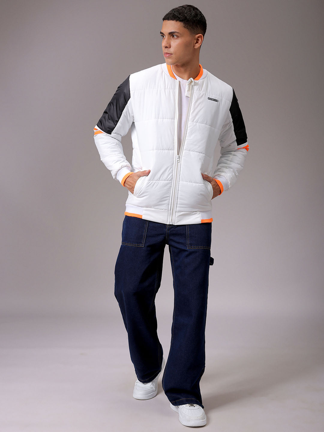 Men's White Slim Fit Colourblocked Jacket