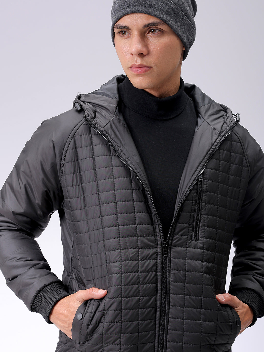 Men's Black Slim Fit Solid Hooded Jacket