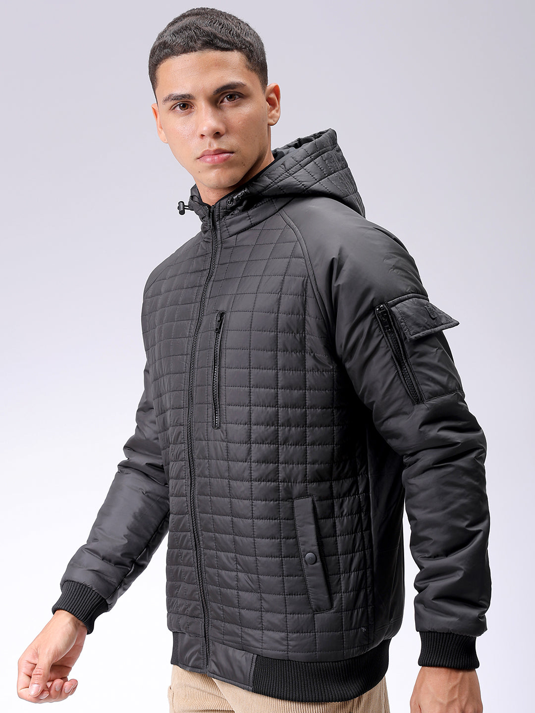 Men's Black Slim Fit Solid Hooded Jacket