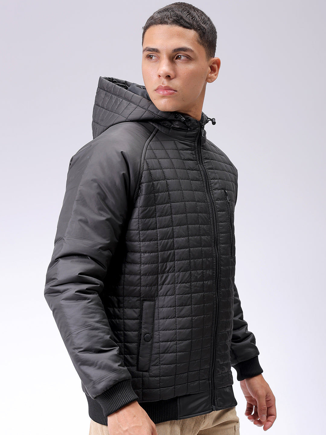 Men's Black Slim Fit Solid Hooded Jacket