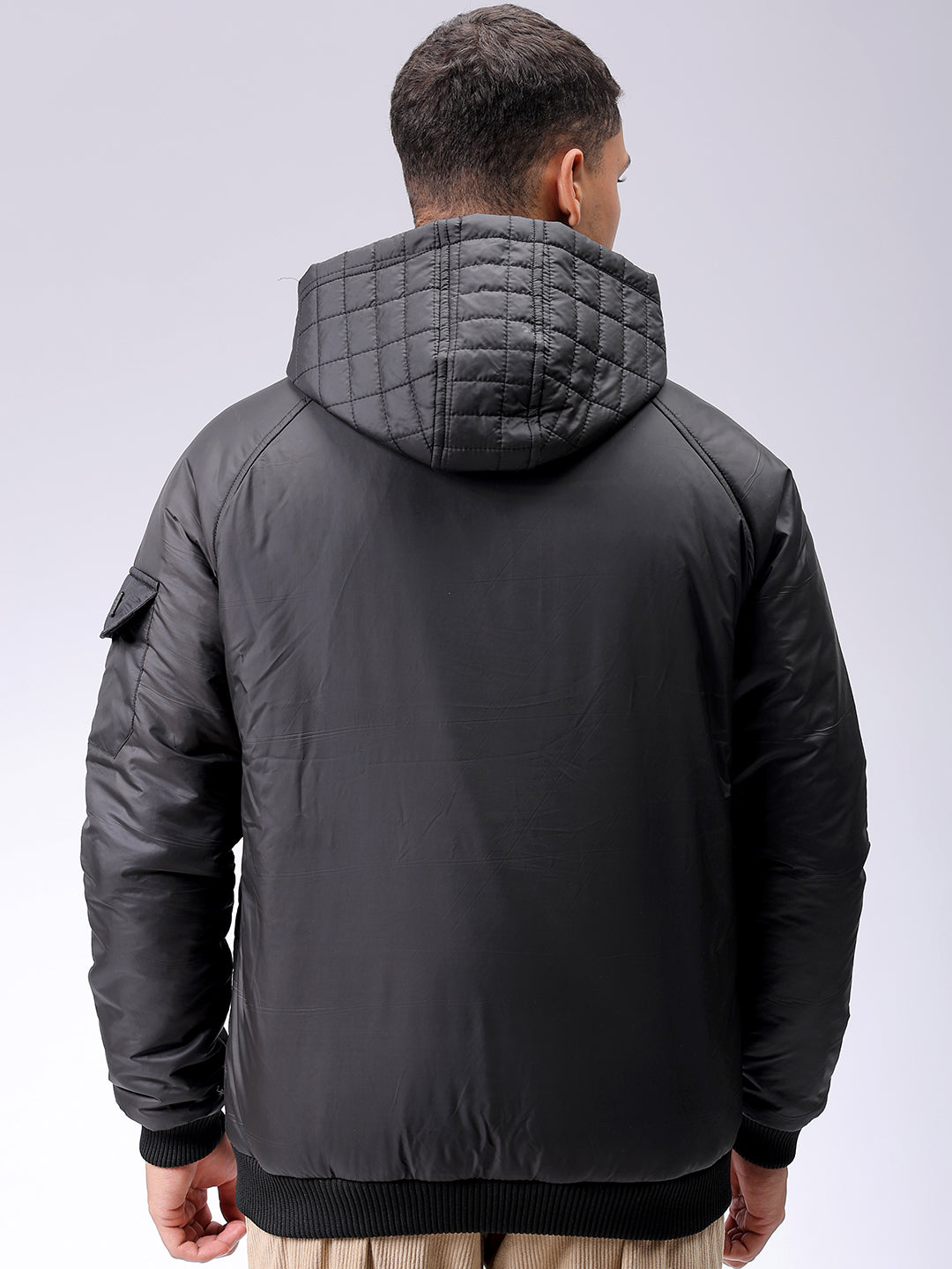 Men's Black Slim Fit Solid Hooded Jacket