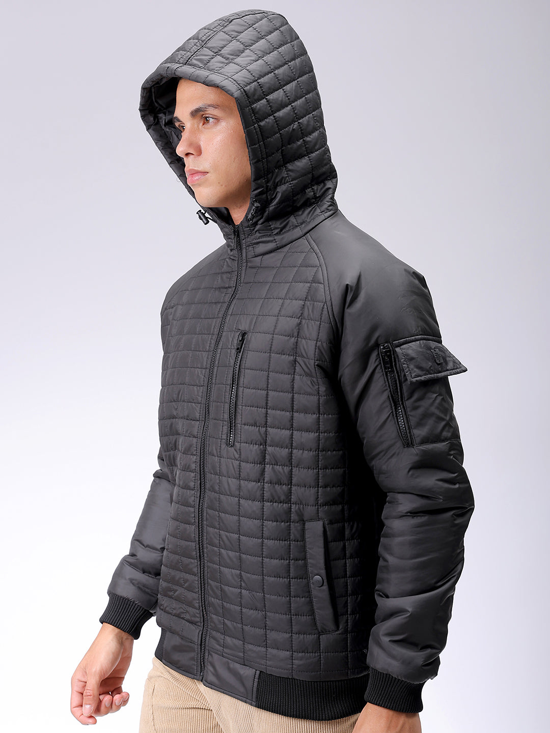 Men's Black Slim Fit Solid Hooded Jacket