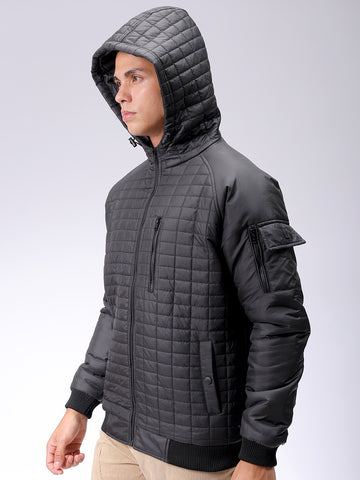 Men's Black Slim Fit Solid Hooded Jacket