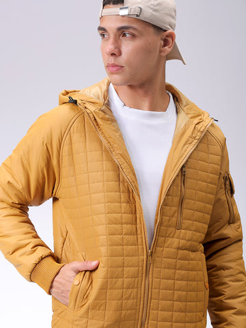 Men's Mustard Slim Fit Solid Hooded Jacket