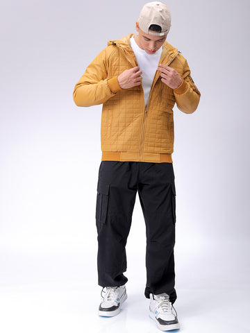 Men's Mustard Slim Fit Solid Hooded Jacket