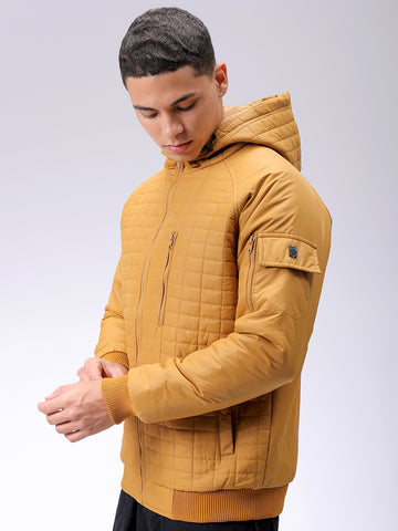 Men's Mustard Slim Fit Solid Hooded Jacket