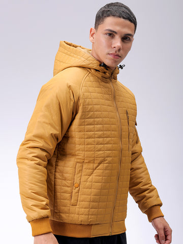 Men's Mustard Slim Fit Solid Hooded Jacket