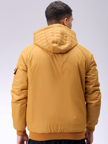 Men's Mustard Slim Fit Solid Hooded Jacket