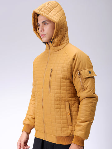 Men's Mustard Slim Fit Solid Hooded Jacket