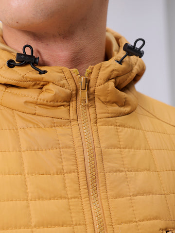 Men's Mustard Slim Fit Solid Hooded Jacket
