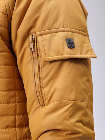 Men's Mustard Slim Fit Solid Hooded Jacket