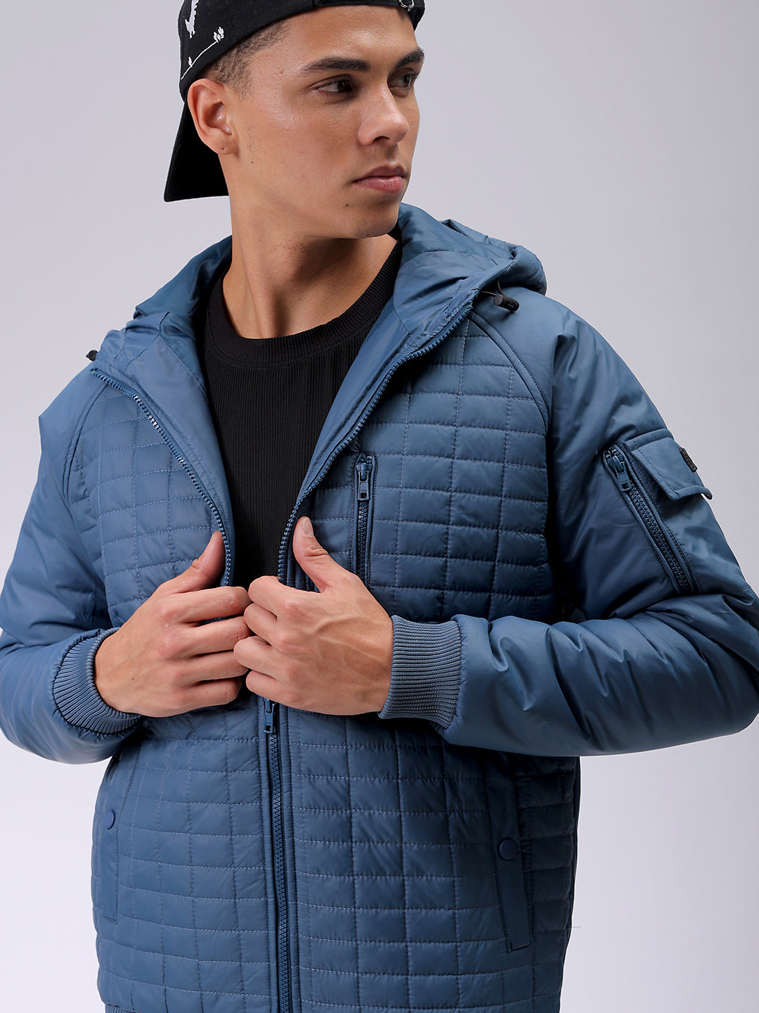 Men's Blue Slim Fit Solid Hooded Jacket