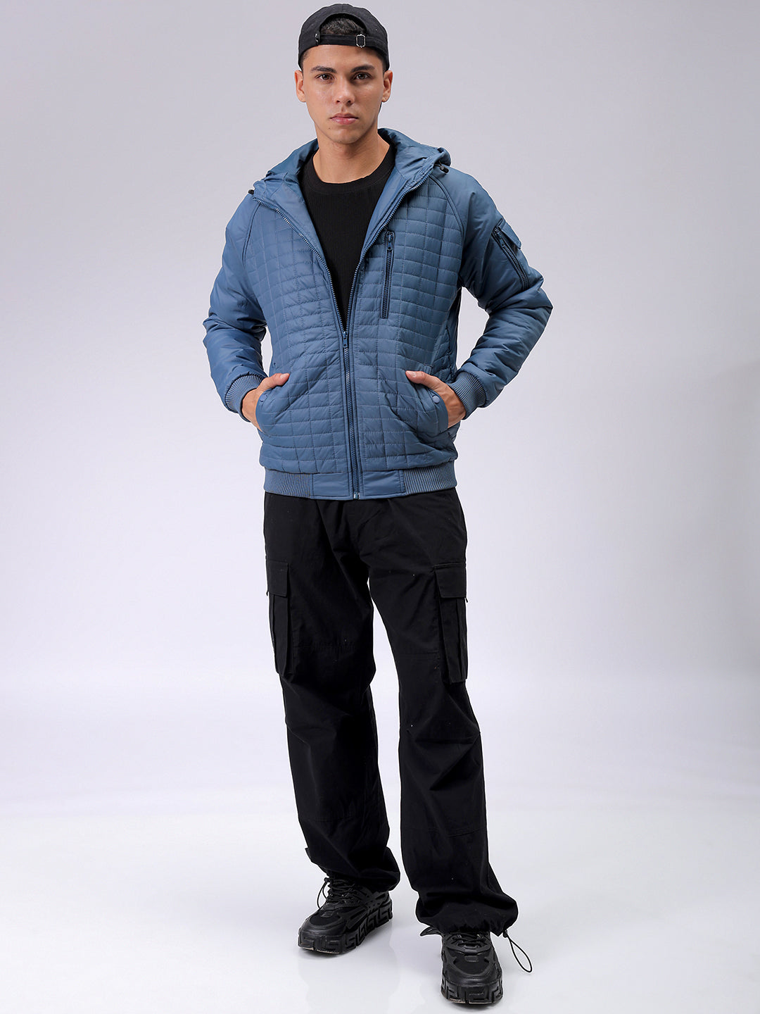 Men's Blue Slim Fit Solid Hooded Jacket