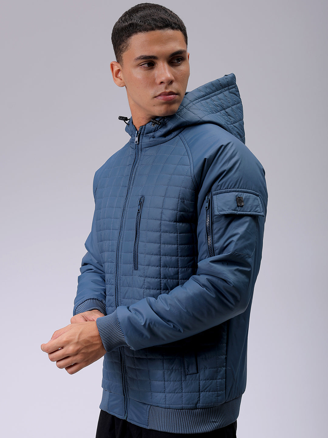 Men's Blue Slim Fit Solid Hooded Jacket