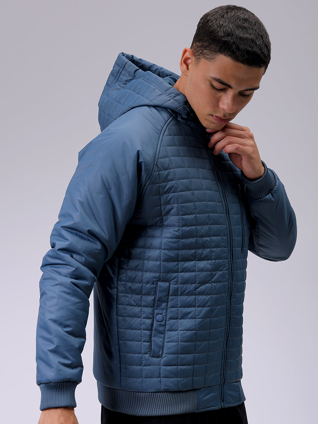 Men's Blue Slim Fit Solid Hooded Jacket