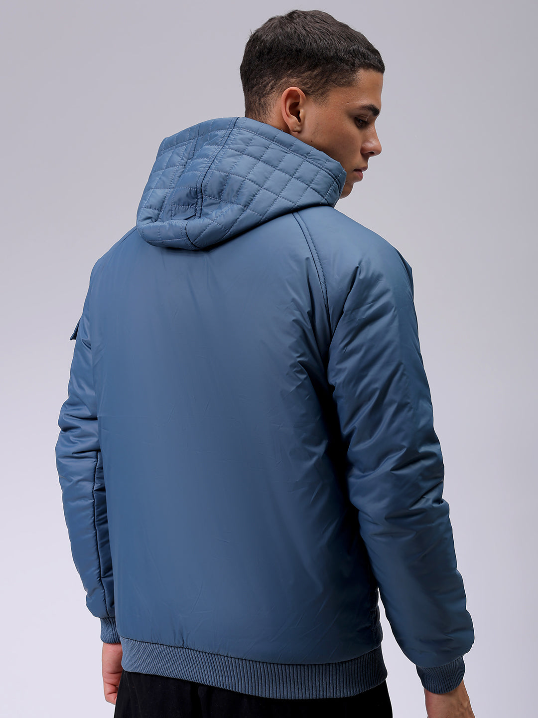 Men's Blue Slim Fit Solid Hooded Jacket